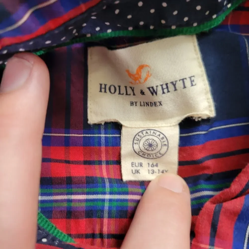 Holly Whyte Lindex Boys LG Tartan Plaid Navy Red Holiday Christmas Shirt EUC